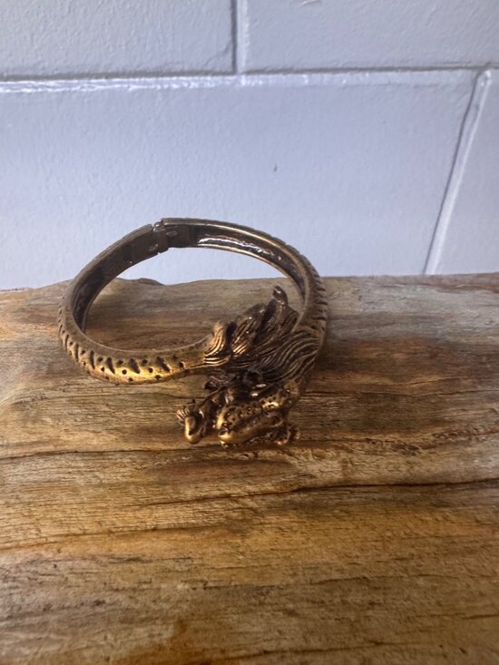Lucky Brand Jewelry - Lucky Brand Dragon Head Hinged Bangle Bracelet Antiqued Brass Tone Statement